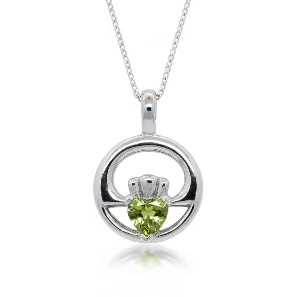 Sterling Silver Claddagh Pendant with Peridot CZ – 18” Chain - Irish Gifts