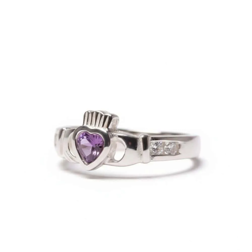 Sterling Silver February Birthstone Claddagh Ring – Amethyst CZ - Irish Gifts