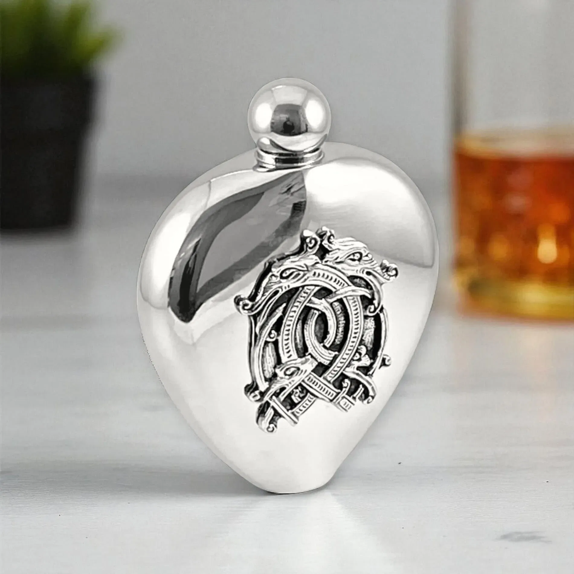 Celtic Dragon Hip Flask – 6oz Mullingar Pewter Stainless Steel - Irish Bar/Guinness