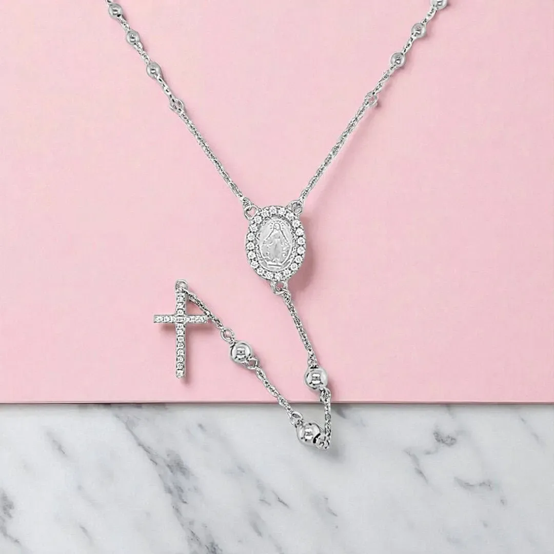 Sterling Silver Rosary Necklace with CZ Cross - Irish Gifts