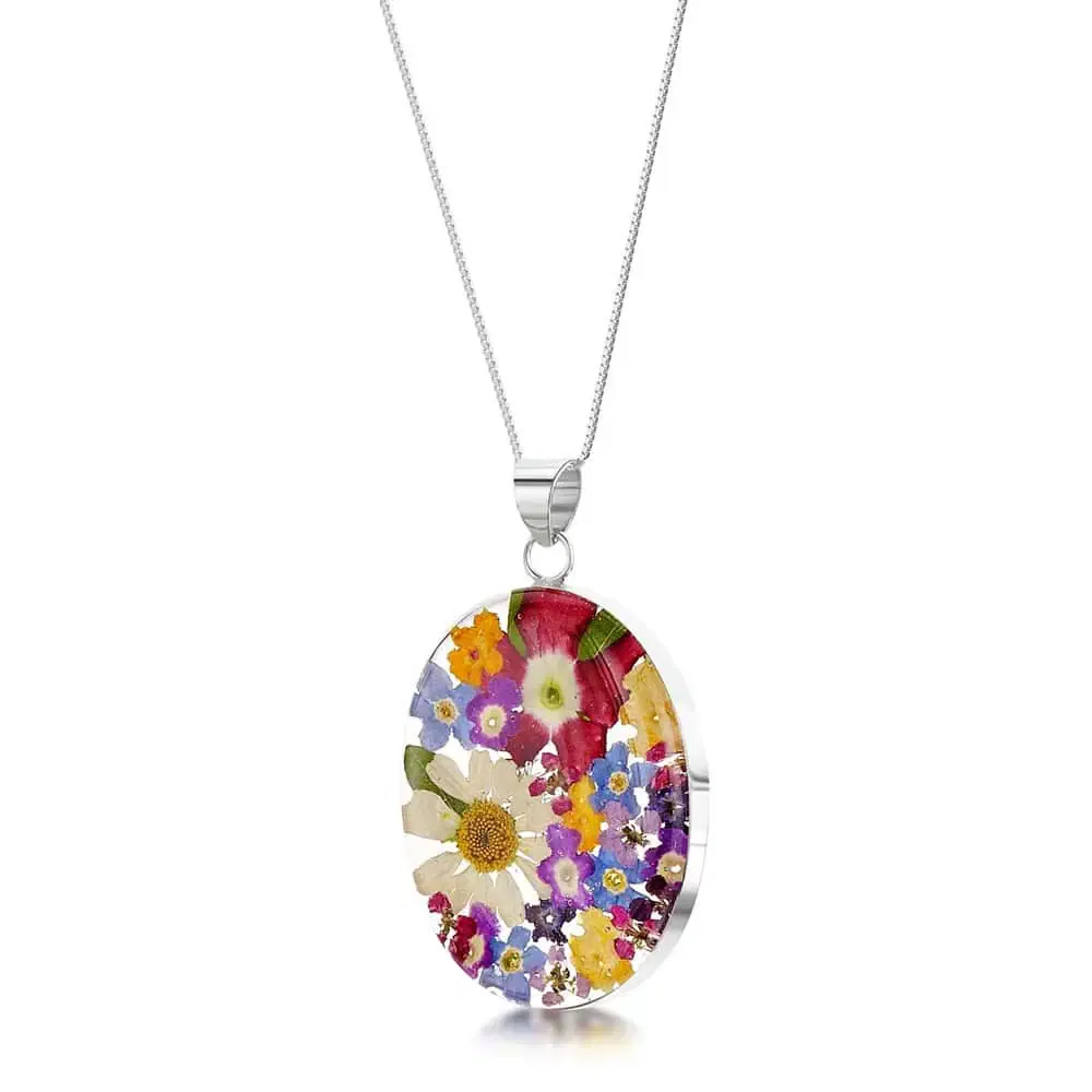 Shrieking Violet Mixed Flowers Large Oval Pendant in Silver - Irish Gifts