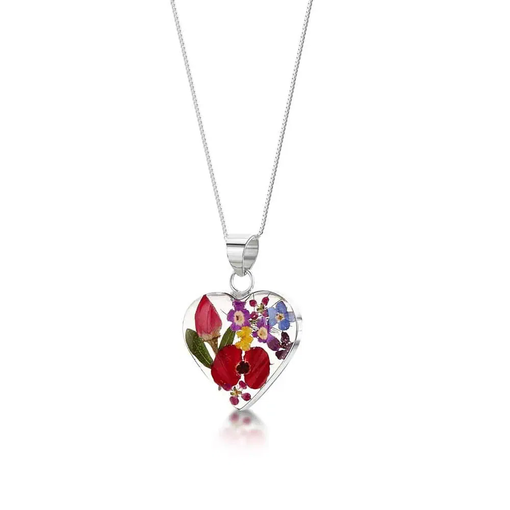 Shrieking Violet Mixed Flowers Heart Pendant – Real Flowers in Silver - Irish Gifts