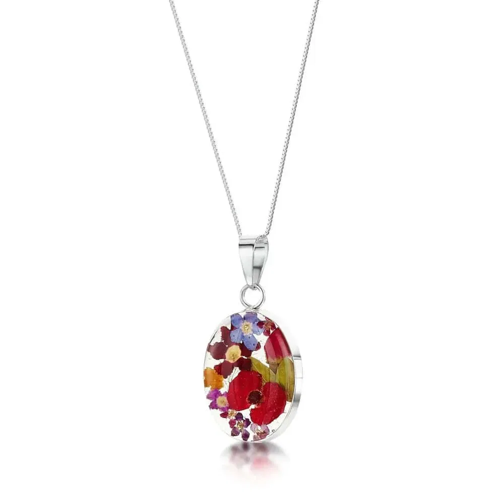 Shrieking Violet Mixed Flowers Oval Pendant – Real Flowers in Silver - Irish Gifts
