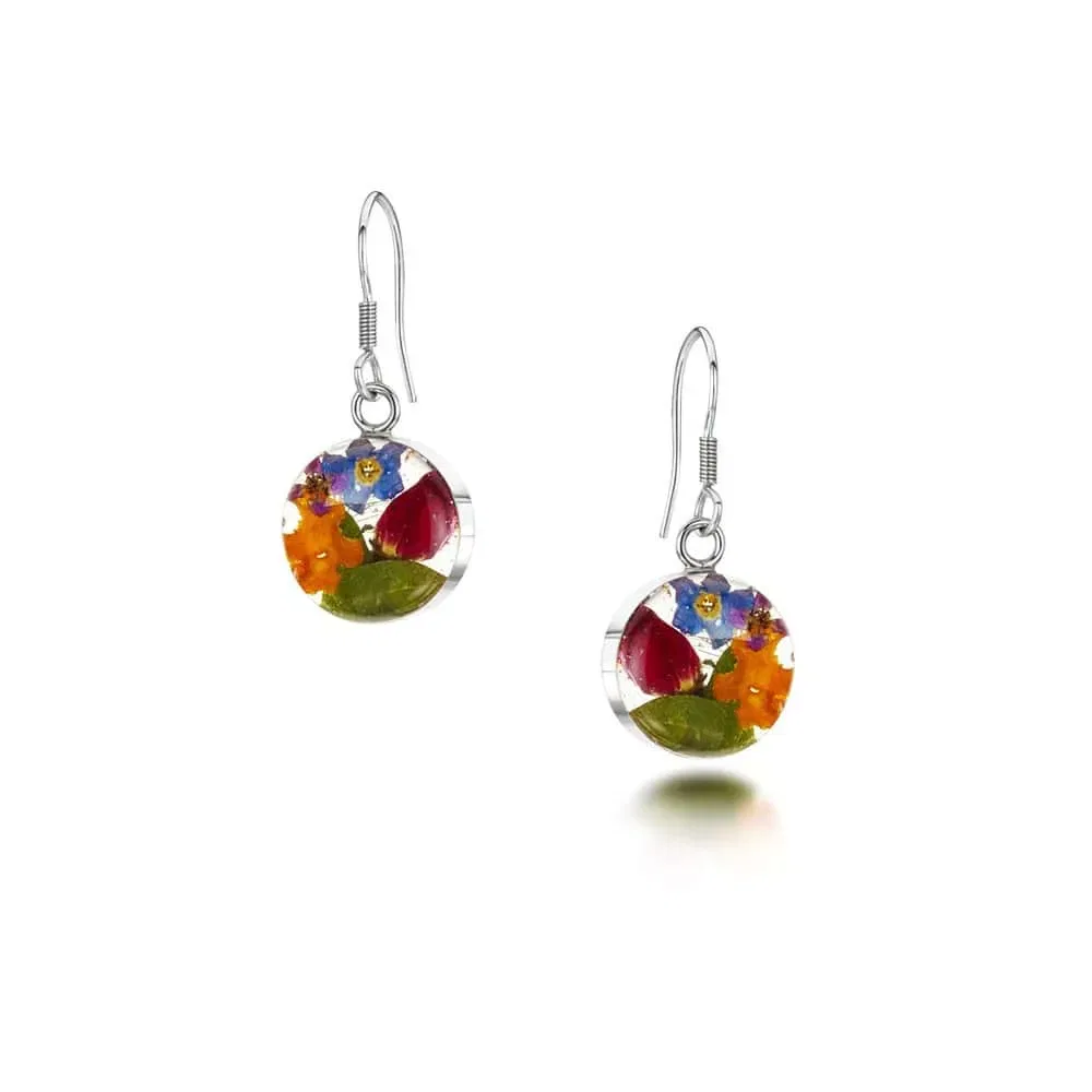 Mixed Flowers Silver Drop Earrings with Real Flowers – Circle Design - Irish Gifts