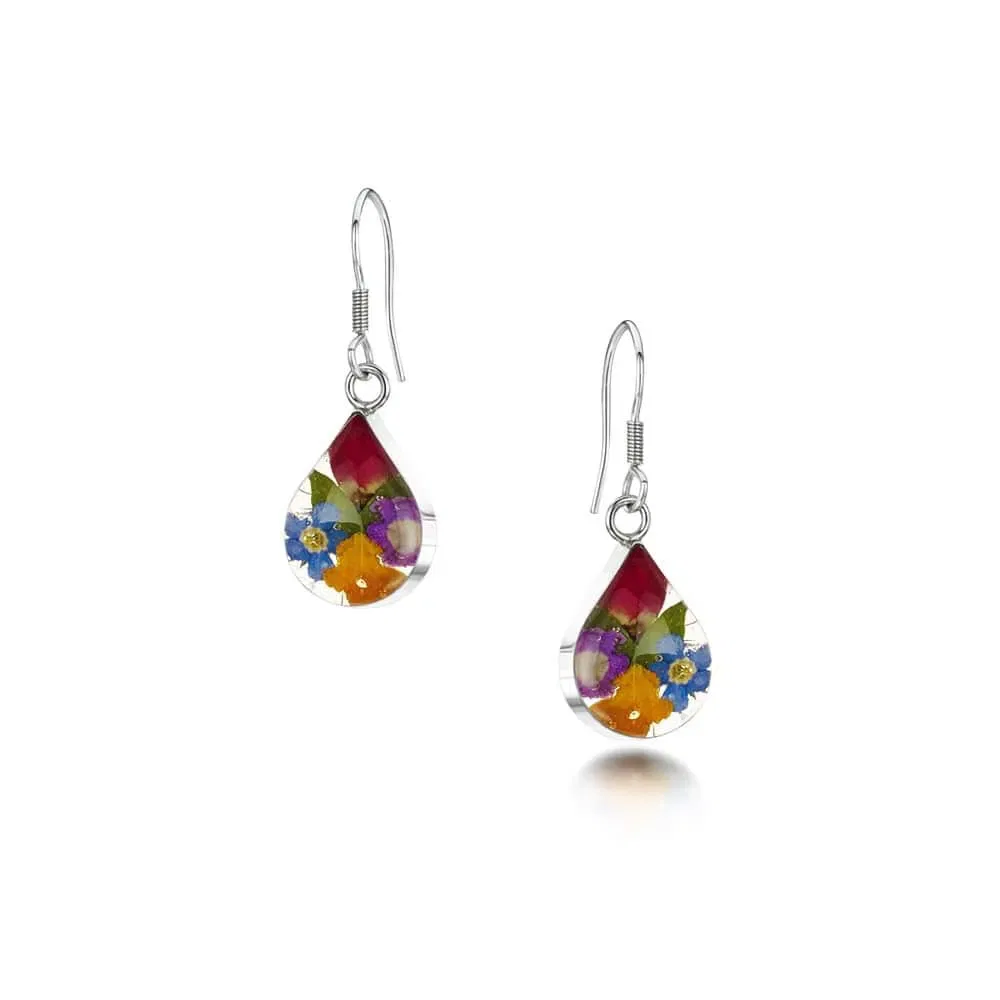 Mixed Flowers Silver Drop Earrings – Teardrop Design - Irish Gifts