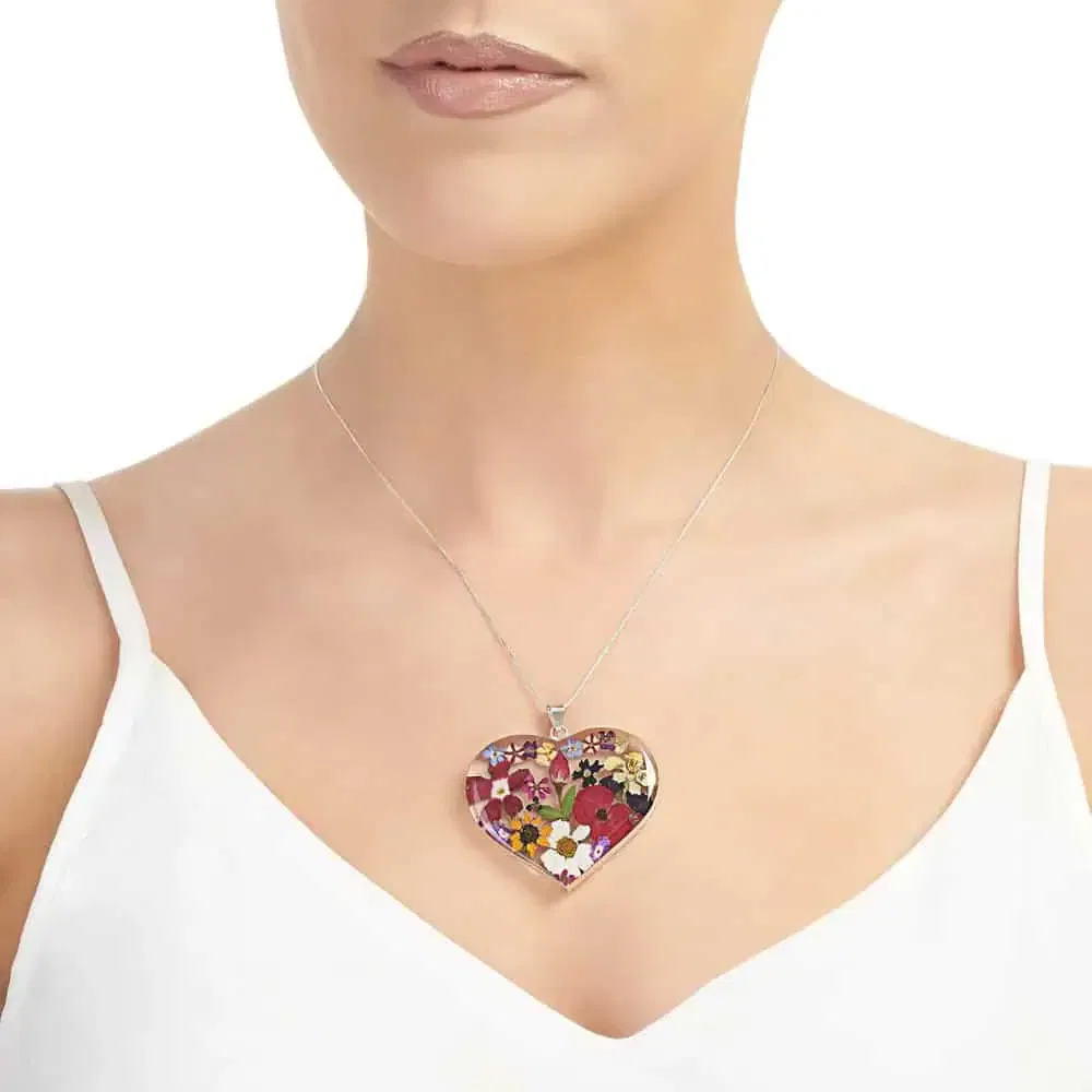 Shrieking Violet Mixed Flowers Large Heart Pendant in Silver - Irish Gifts - Image 1