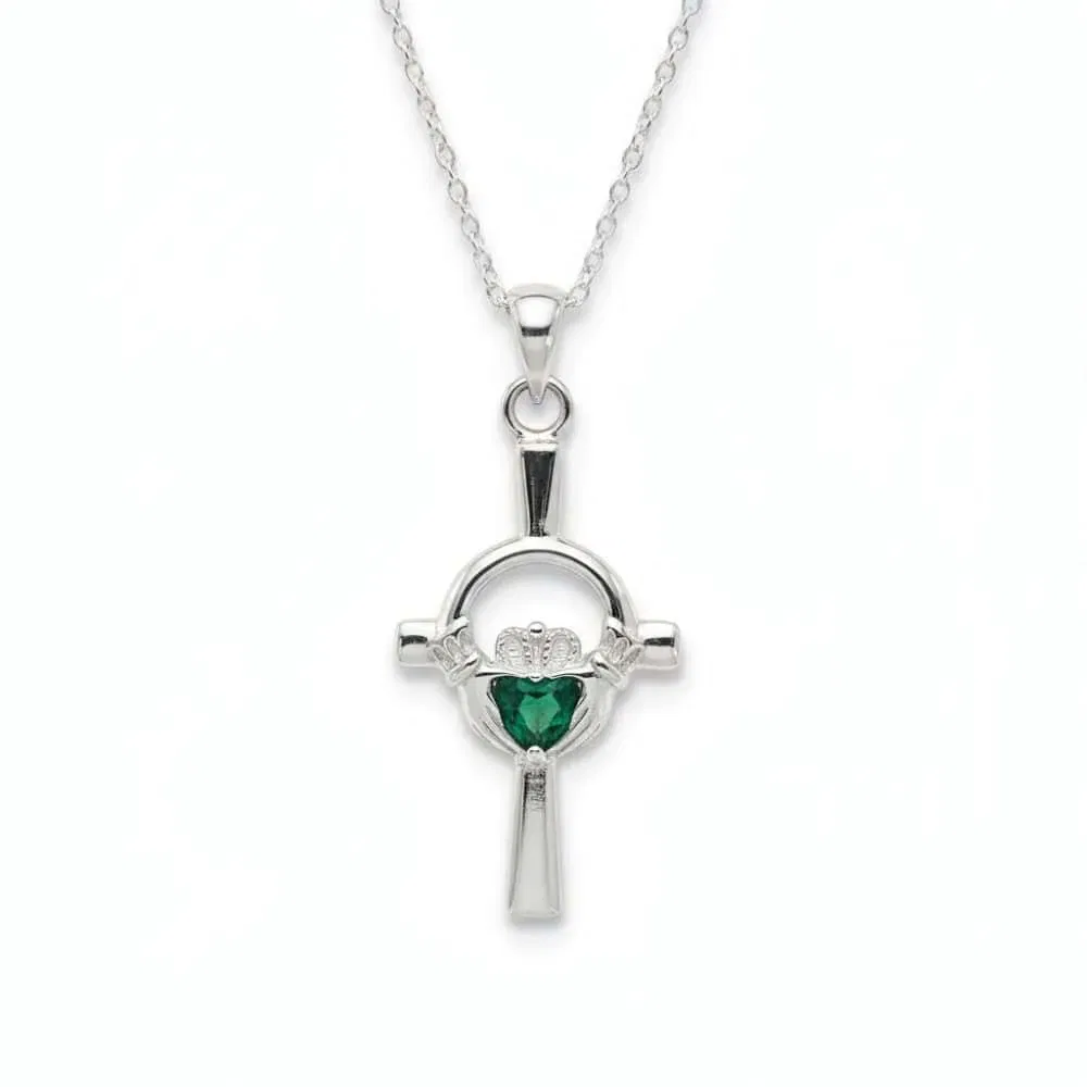 Sterling Silver Celtic Cross with Claddagh and Green Heart - Irish Gifts
