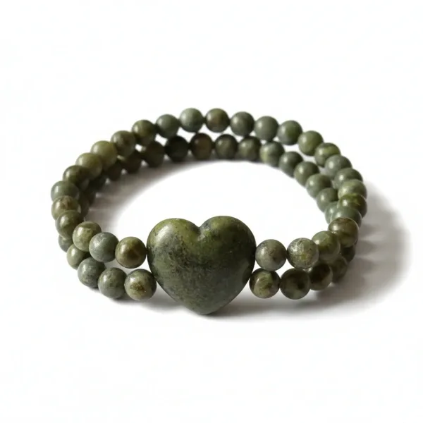 Connemara Marble Double Bead Bracelet with Heart Centre - Connemara Marble