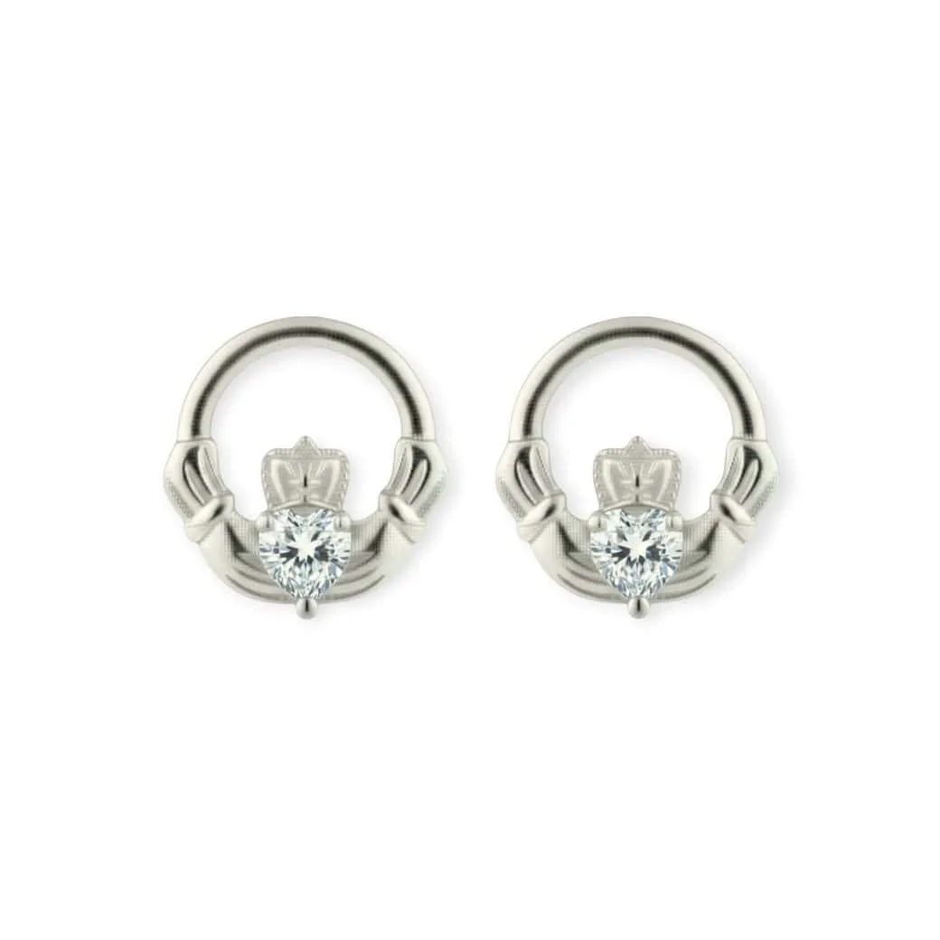 Silver Claddagh April Birthstone Stud Earrings – Clear CZ - Irish Gifts