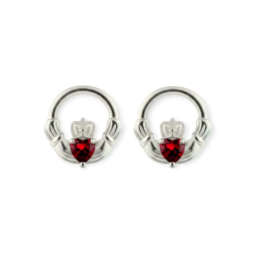 Silver Claddagh January Birthstone Stud Earrings – Garnet - Irish Gifts