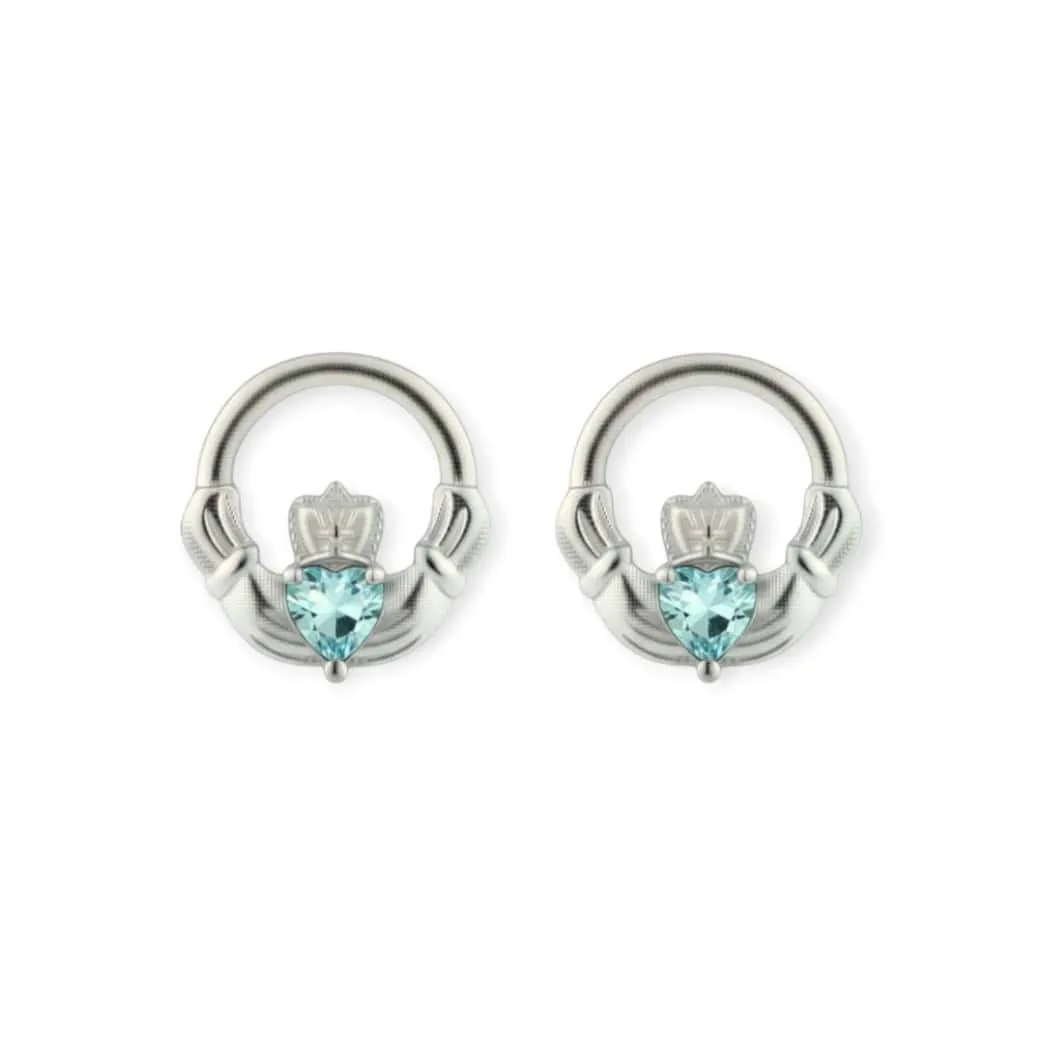 Silver Claddagh March Birthstone Stud Earrings – Aquamarine - Irish Gifts