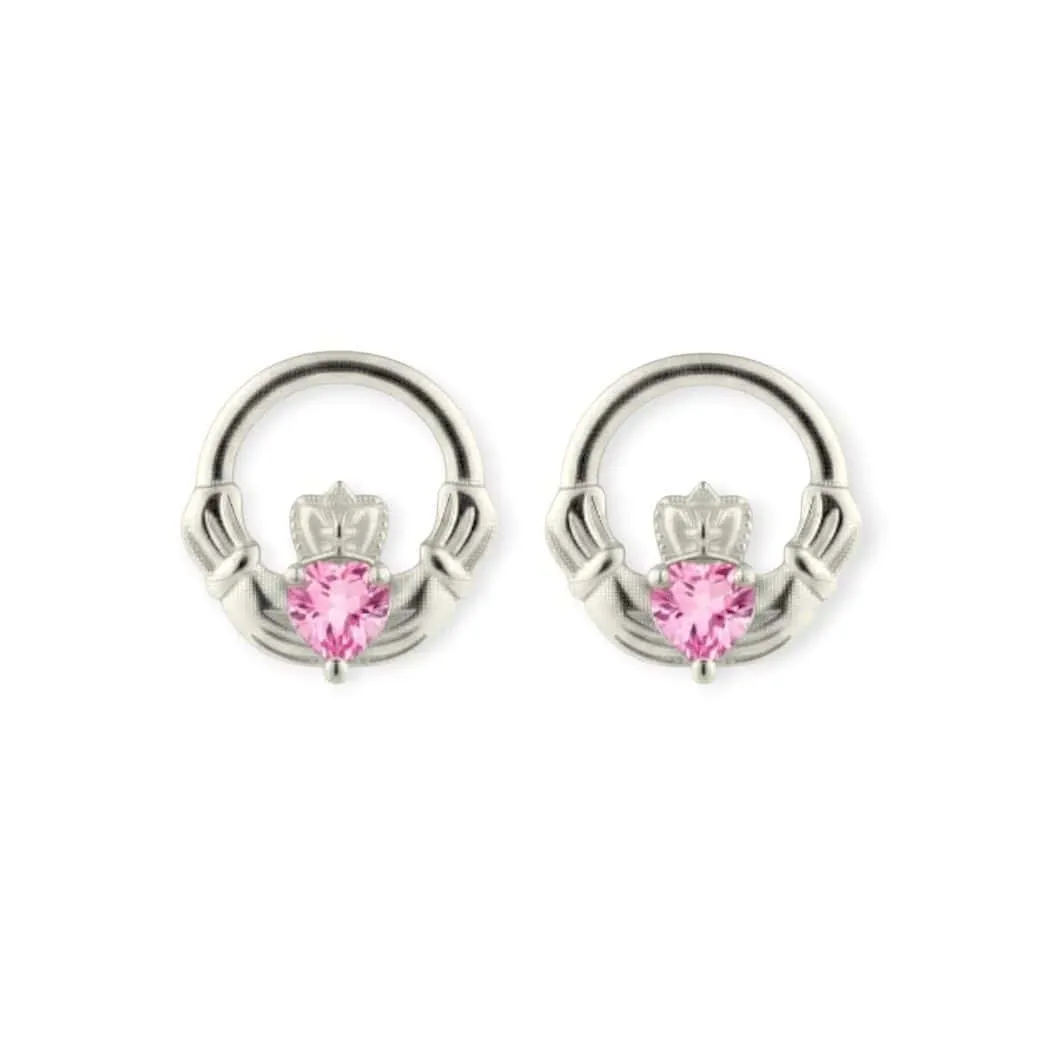 Silver Claddagh October Birthstone Stud Earrings – Pink CZ - Irish Gifts