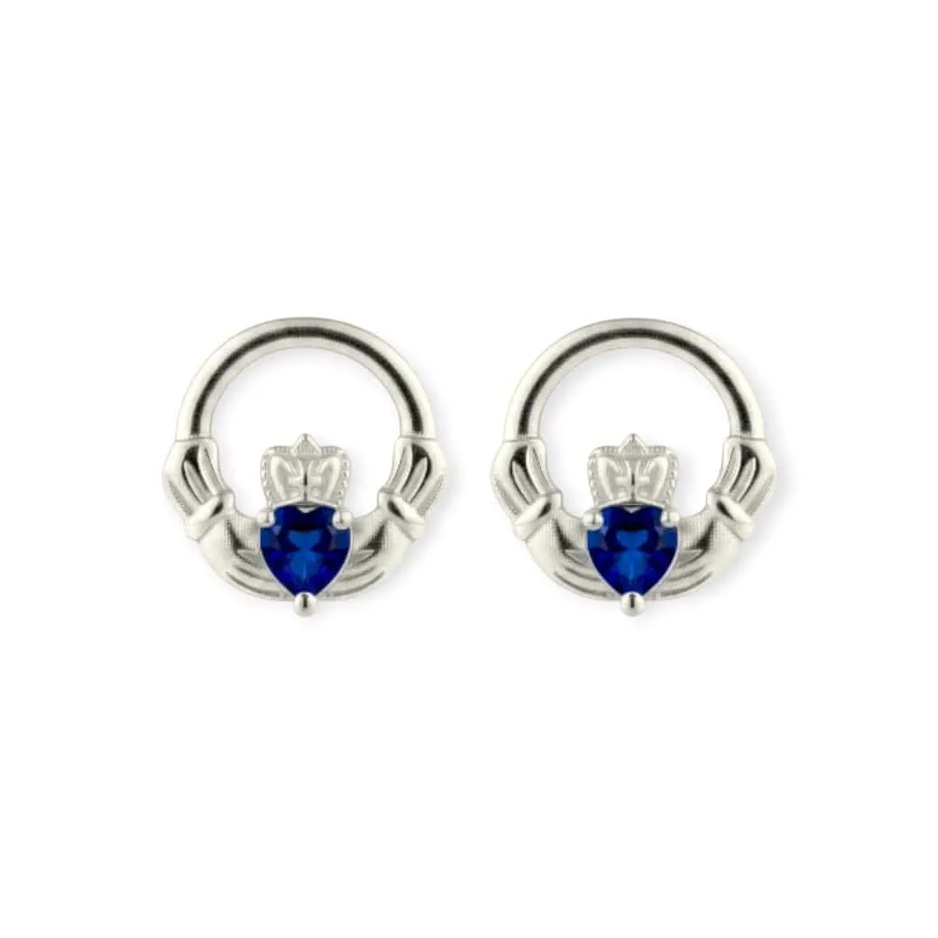 Silver Claddagh September Birthstone Stud Earrings – Sapphire - Irish Gifts