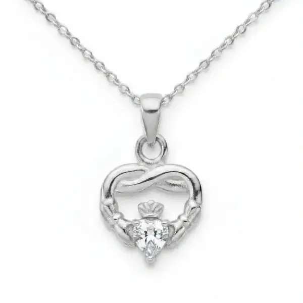 Sterling Silver Claddagh Twist April Pendant – Clear CZ - Irish Gifts