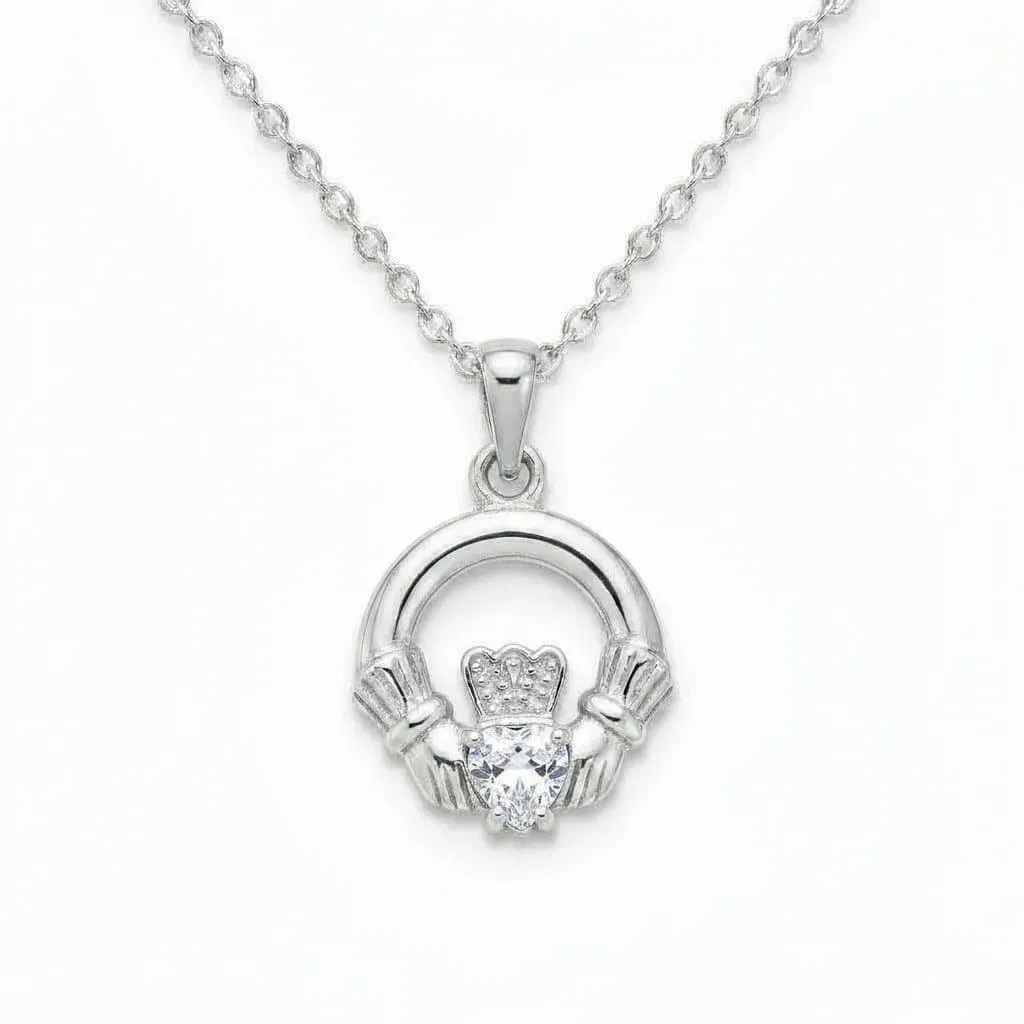 Sterling Silver Round Claddagh April Pendant – Clear CZ - Irish Gifts