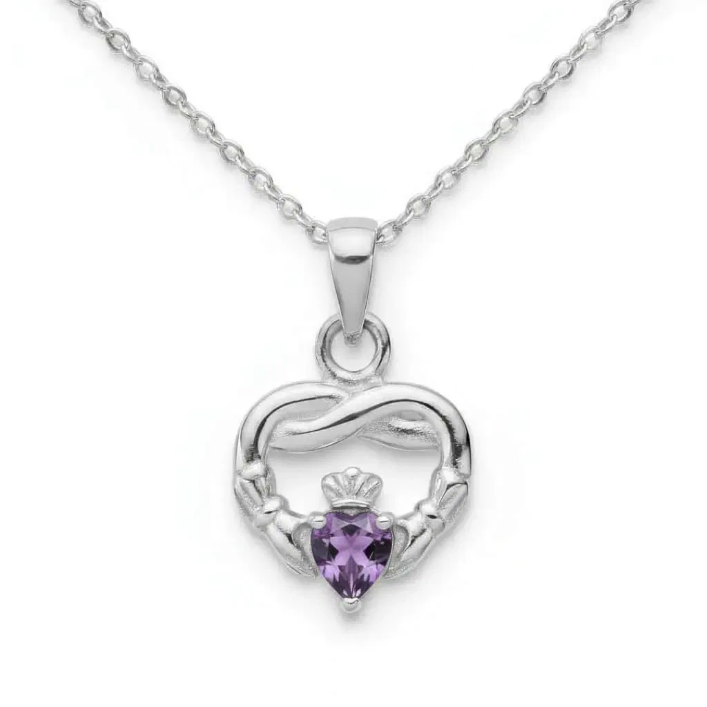 Sterling Silver Claddagh Twist February Pendant – Amethyst CZ - Irish Gifts