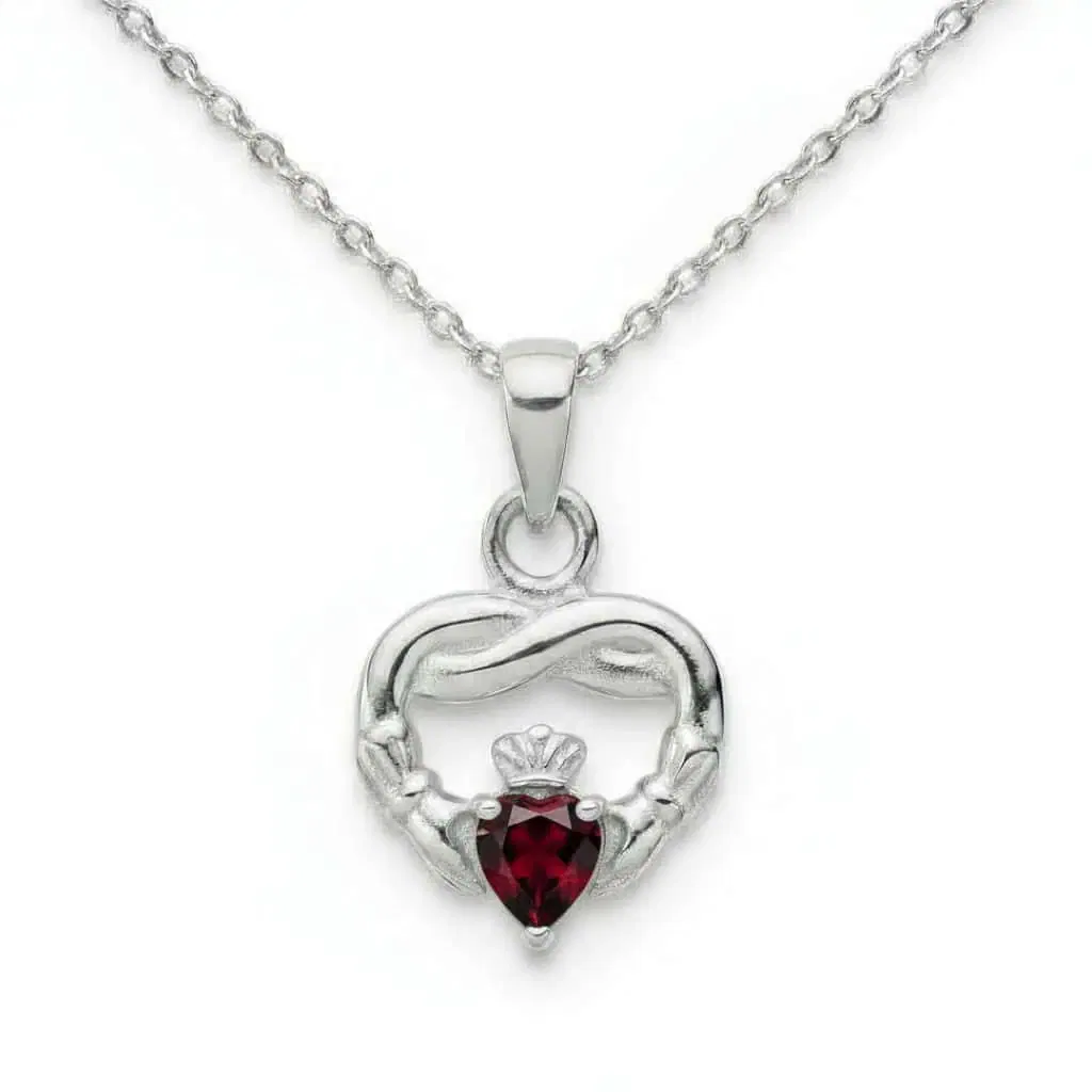 Sterling Silver Claddagh Twist January Pendant – Garnet CZ - Irish Gifts