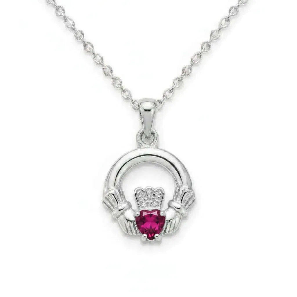Sterling Silver Round Claddagh July Pendant – Ruby CZ - Irish Gifts