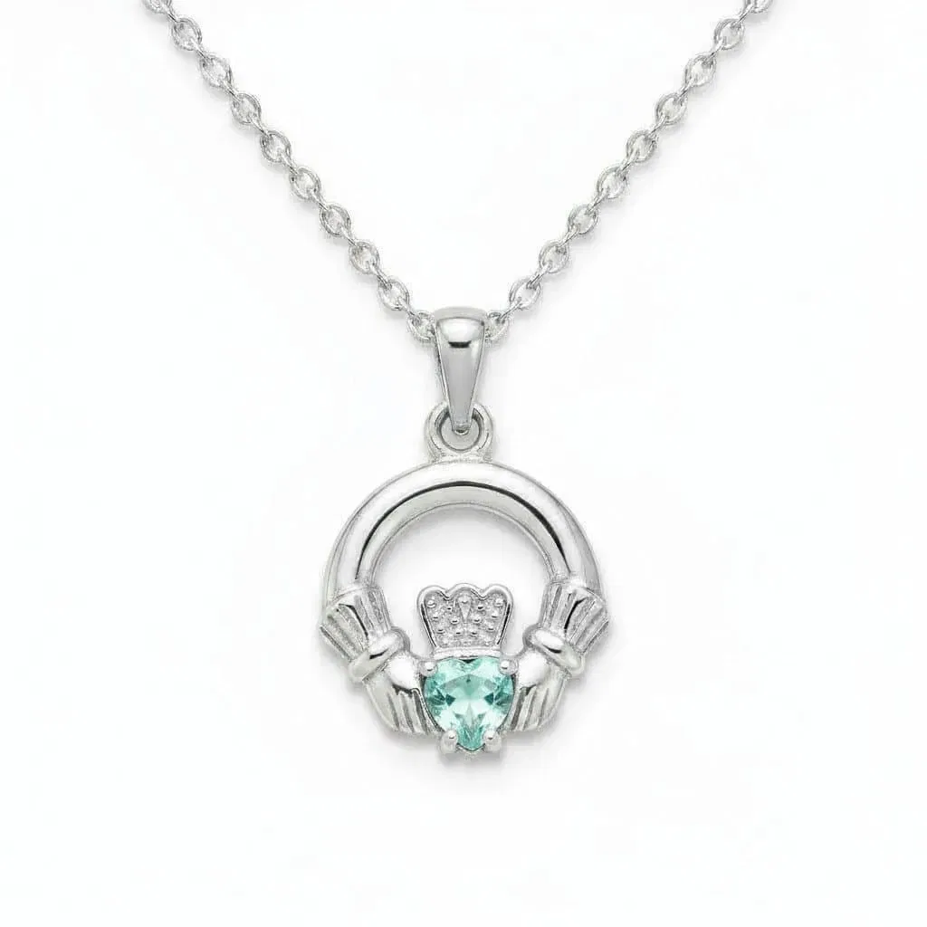 Sterling Silver Round Claddagh March Pendant – Aquamarine CZ - Irish Gifts
