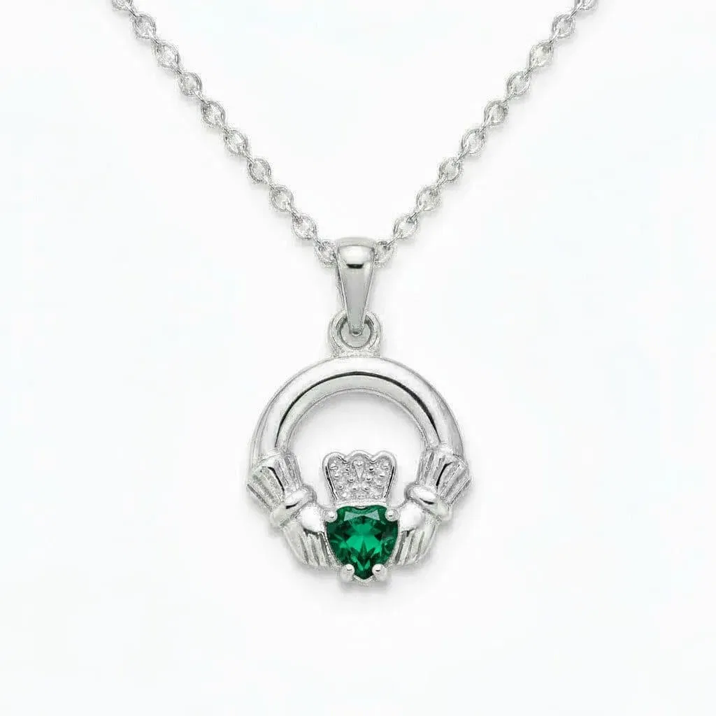 Sterling Silver Round Claddagh May Pendant – Emerald CZ - Irish Gifts