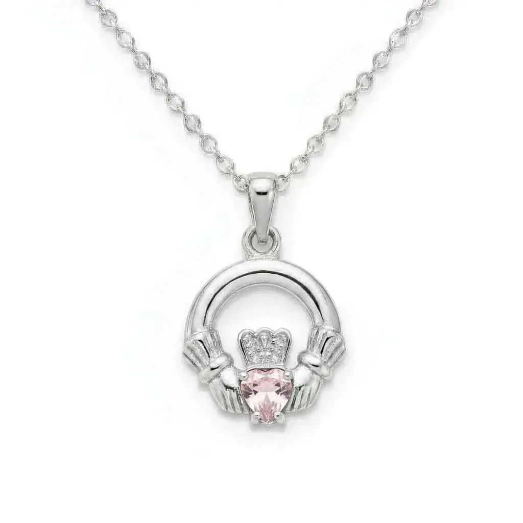 Sterling Silver Round Claddagh October Pendant – Pink CZ - Irish Gifts
