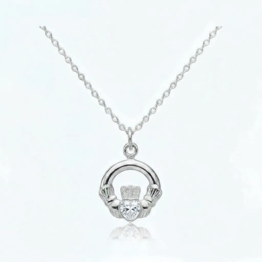 Sterling Silver Claddagh April Birthstone Pendant – Clear CZ - Irish Gifts