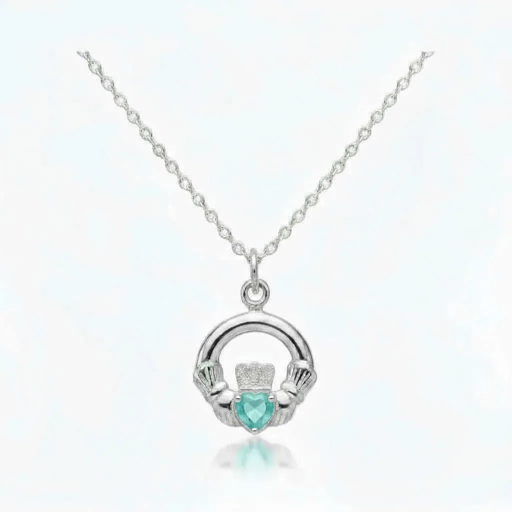 Sterling Silver Claddagh March Birthstone Pendant – Aquamarine CZ - Irish Gifts