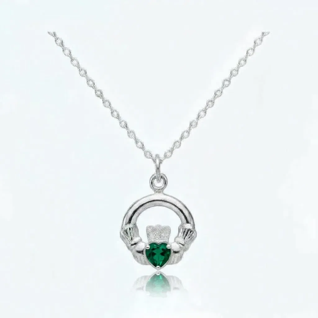 Sterling Silver Claddagh May Birthstone Pendant – Emerald CZ - Irish Gifts