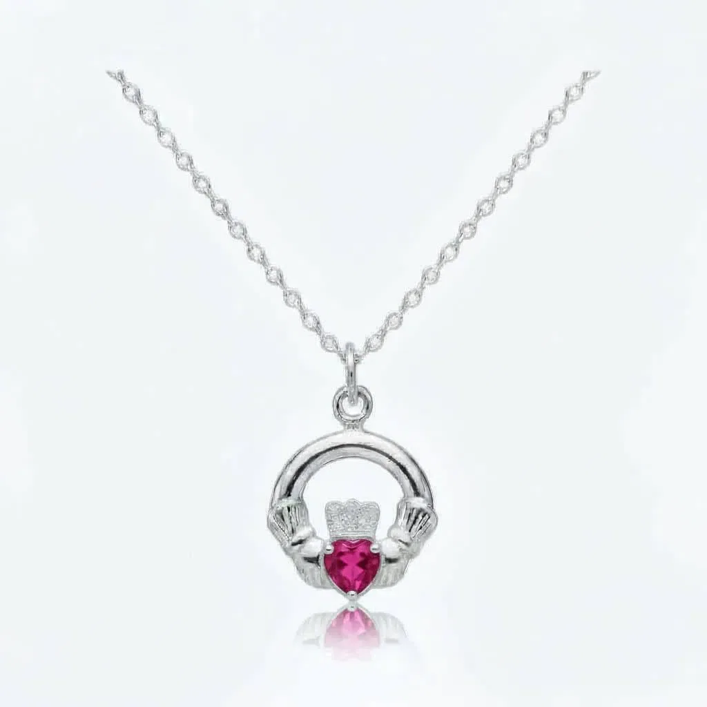 Sterling Silver Claddagh July Birthstone Pendant – Ruby CZ - Irish Gifts
